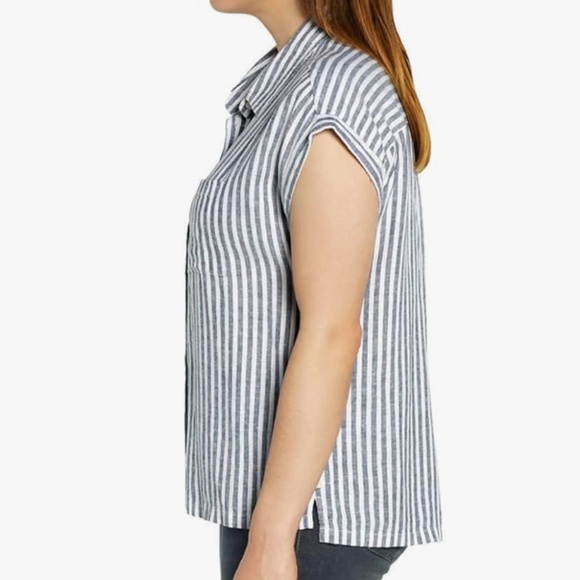 Orvis Cap Sleeve Linen Blend Short Sleeve Striped Shirt Size Large - Picture 2 of 8